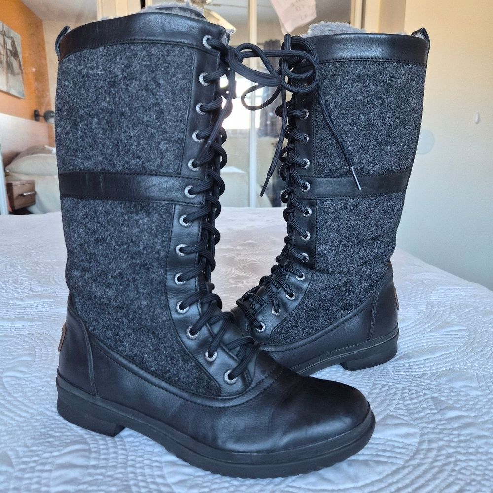 VGUC UGG Elvia Tall Black Grey Boots Leather Wool Size 8 Side Zip Lace